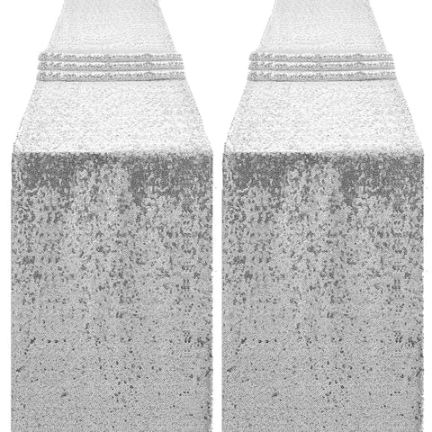 OQSC sequin table runner 72in silver, left view, adds wedding sparkle to tables.