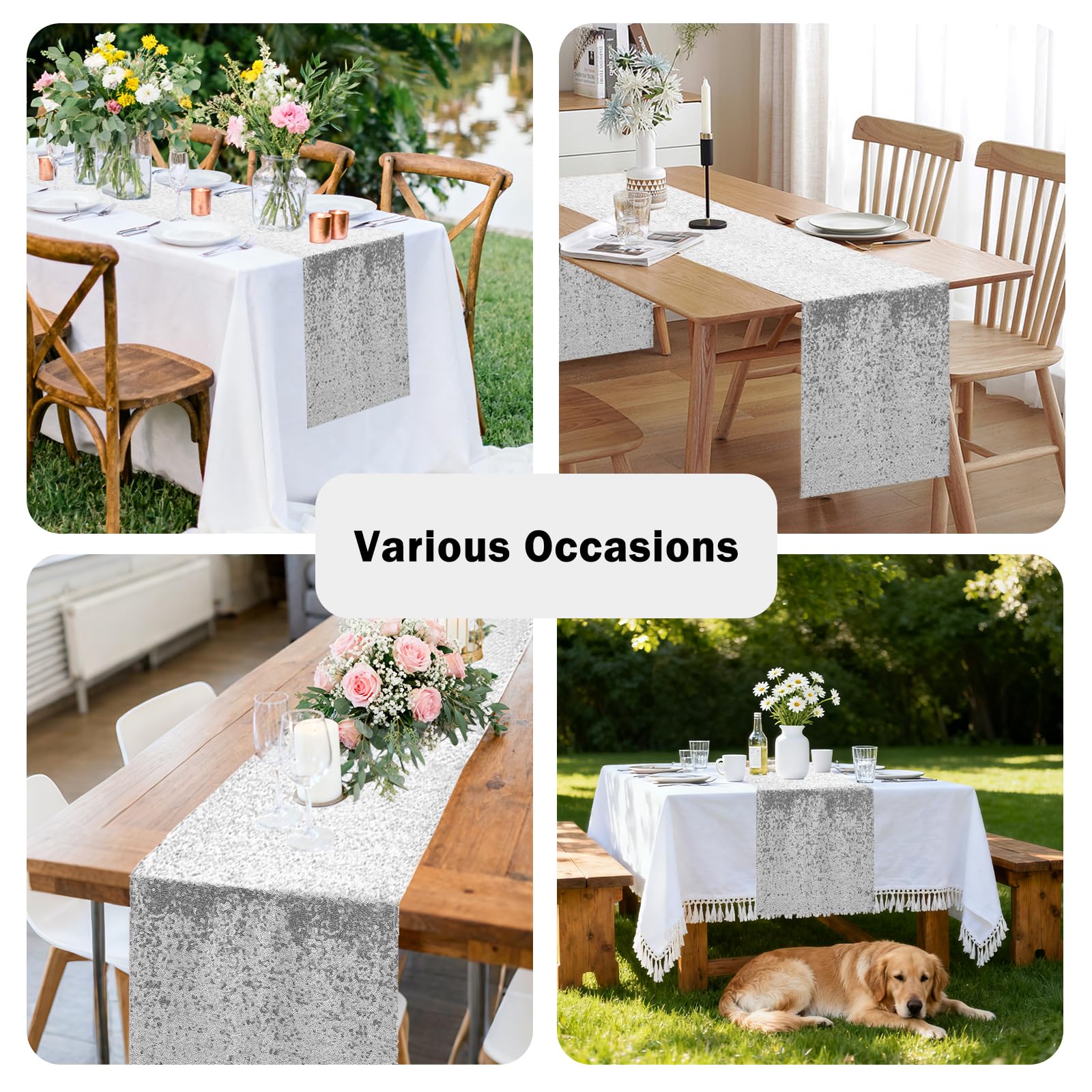 OQSC sequin table runner 72in silver, packaged set, ready for quick setup.