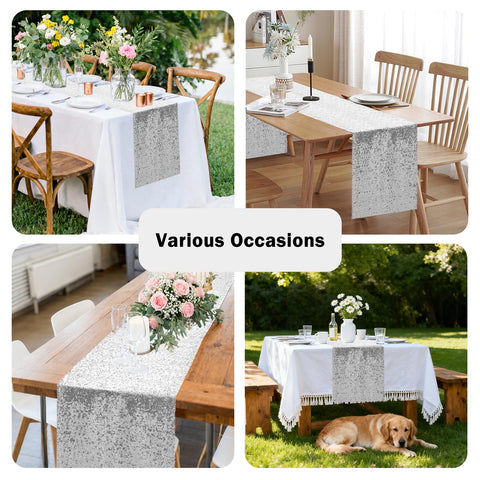 OQSC sequin table runner 72in silver, packaged set, ready for quick setup.