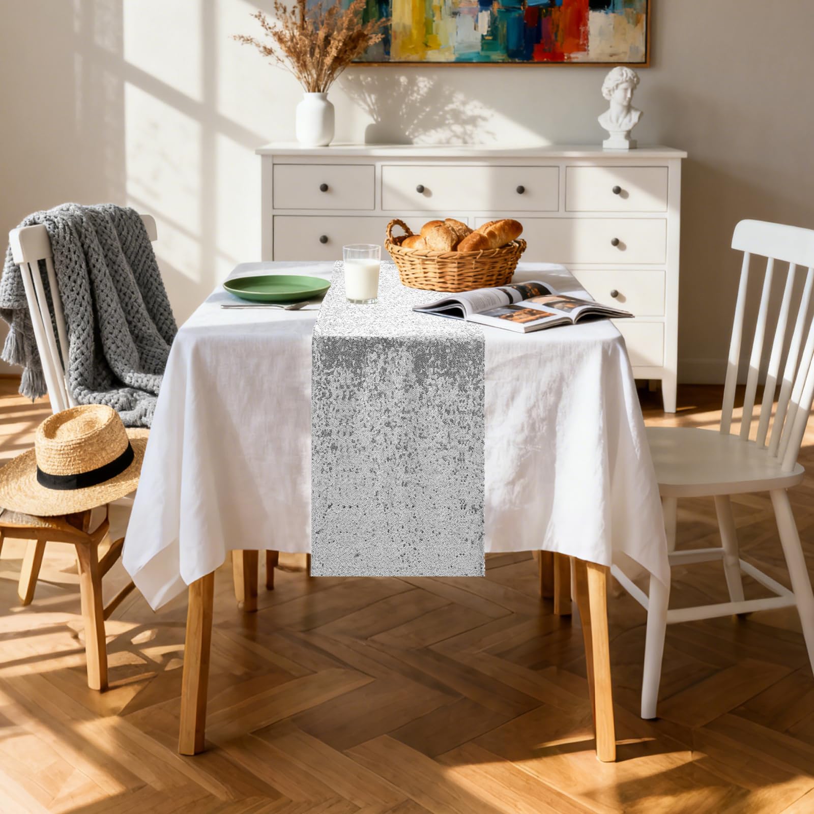 OQSC sequin table runner 72in silver, party decoration, versatile for holidays and celebrations.