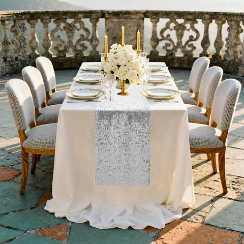 OQSC sequin table runner 72in silver, wedding setup, elevates banquet decor.