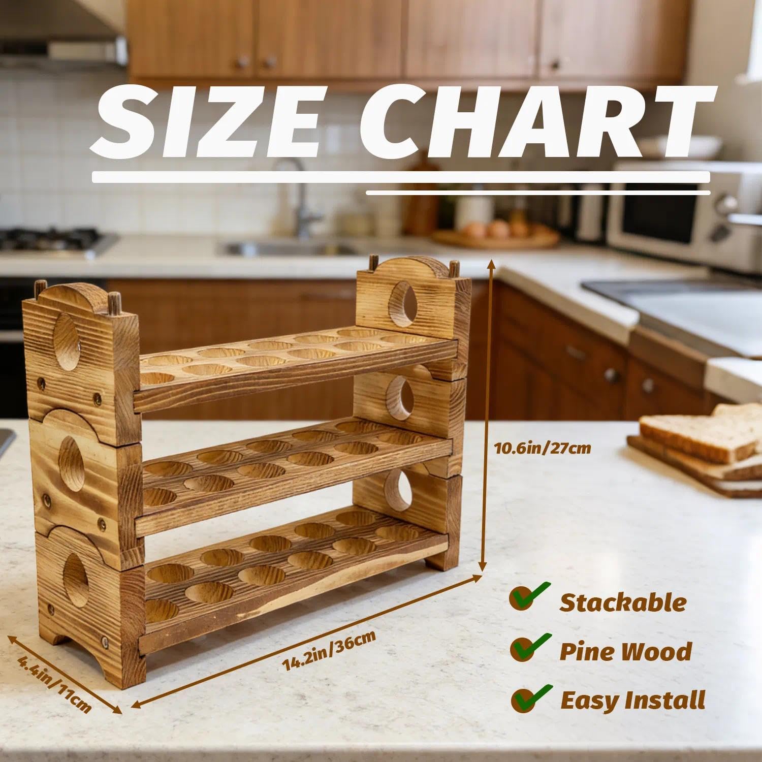 ORBEIN pine wood egg rack close-up shows sturdy sides and natural grain.