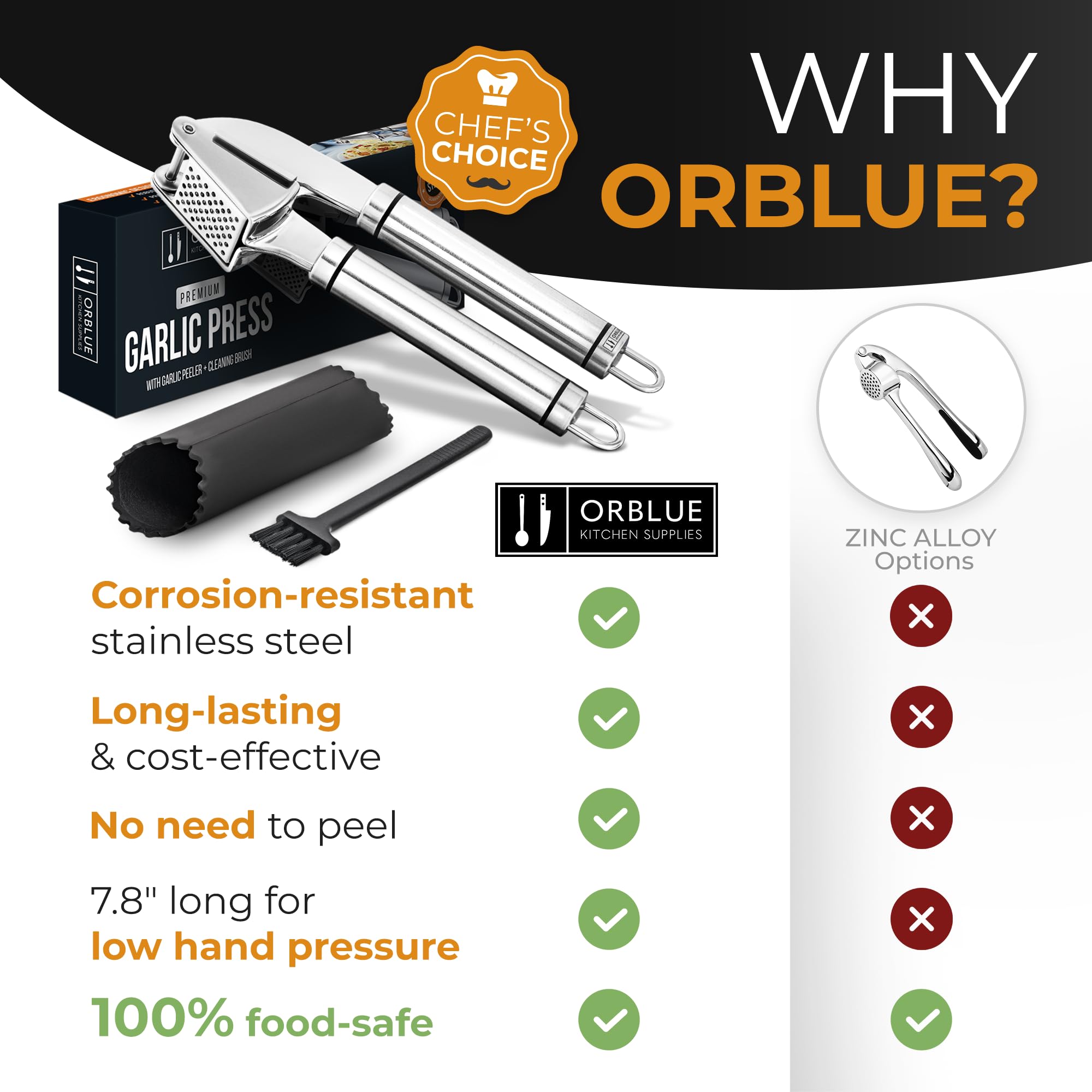 Orblue garlic press compact design fits small kitchens for quick prep.