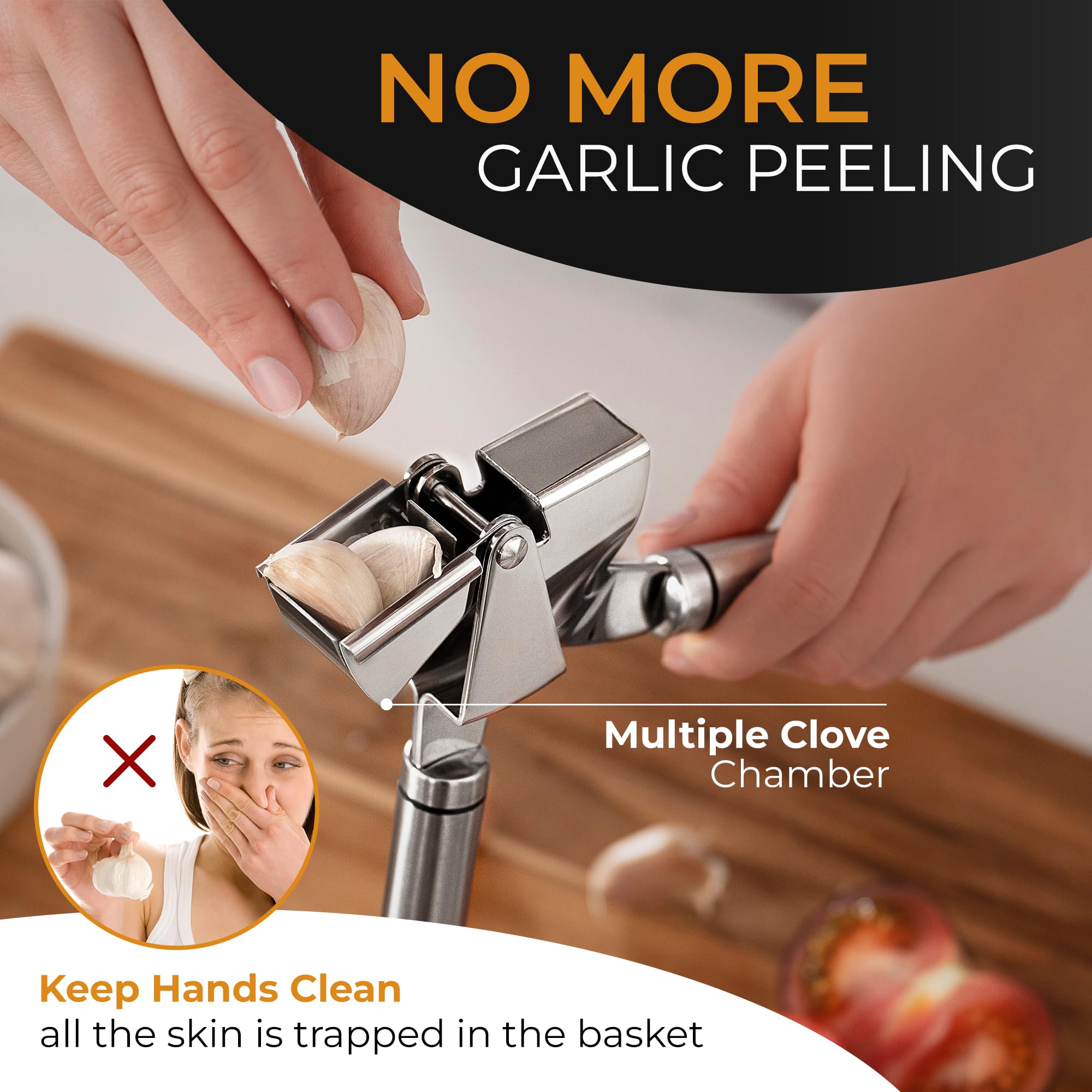 Orblue garlic press easy-clean and dishwasher-safe for quick cleanup.