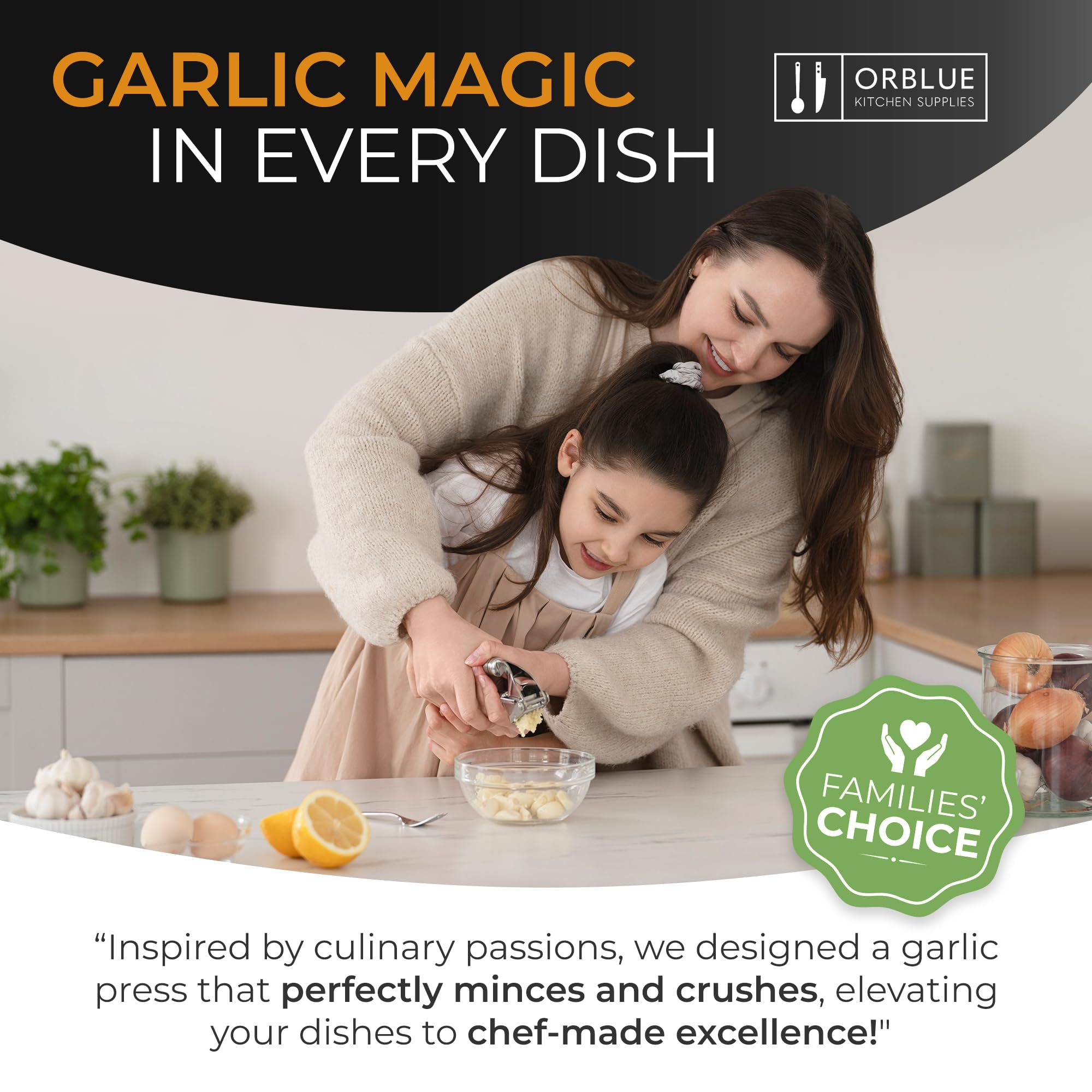 Orblue garlic press with ergonomic roller reduces effort during prep.