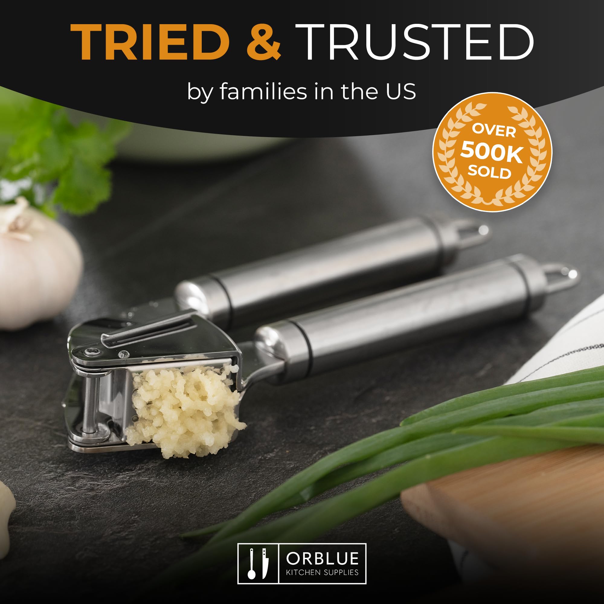 Orblue garlic press creates minced garlic paste for marinades.