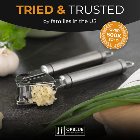 Orblue garlic press creates minced garlic paste for marinades.