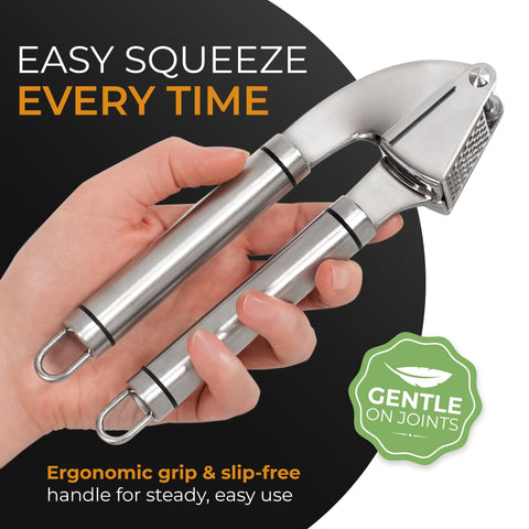 Orblue garlic press delivers consistent minced garlic for sauces and dressings.