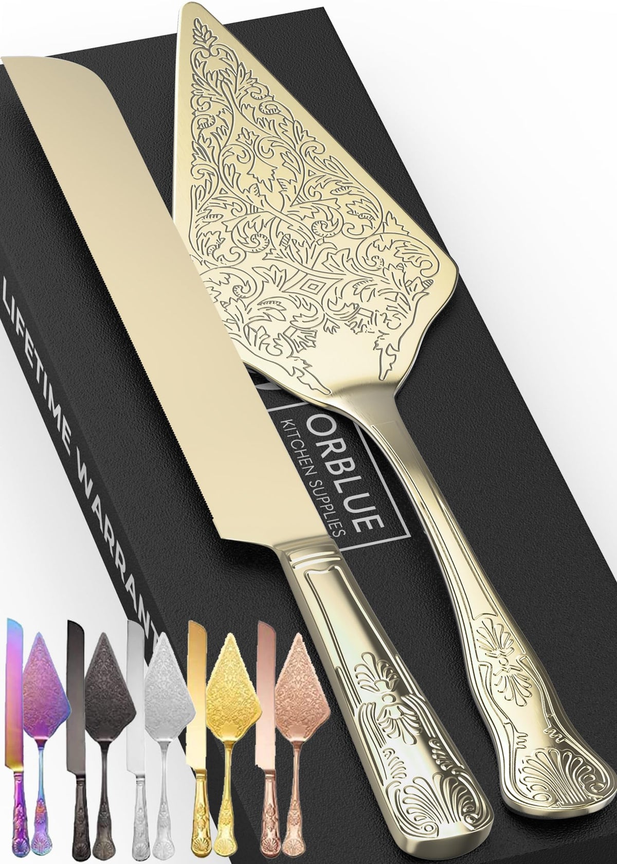 Orblue wedding cake knife close-up engraving highlights lasting elegance for cake cutting