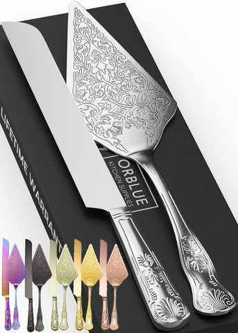 Orblue wedding cake knife closeup showing engraved filigree and a glossy finish.