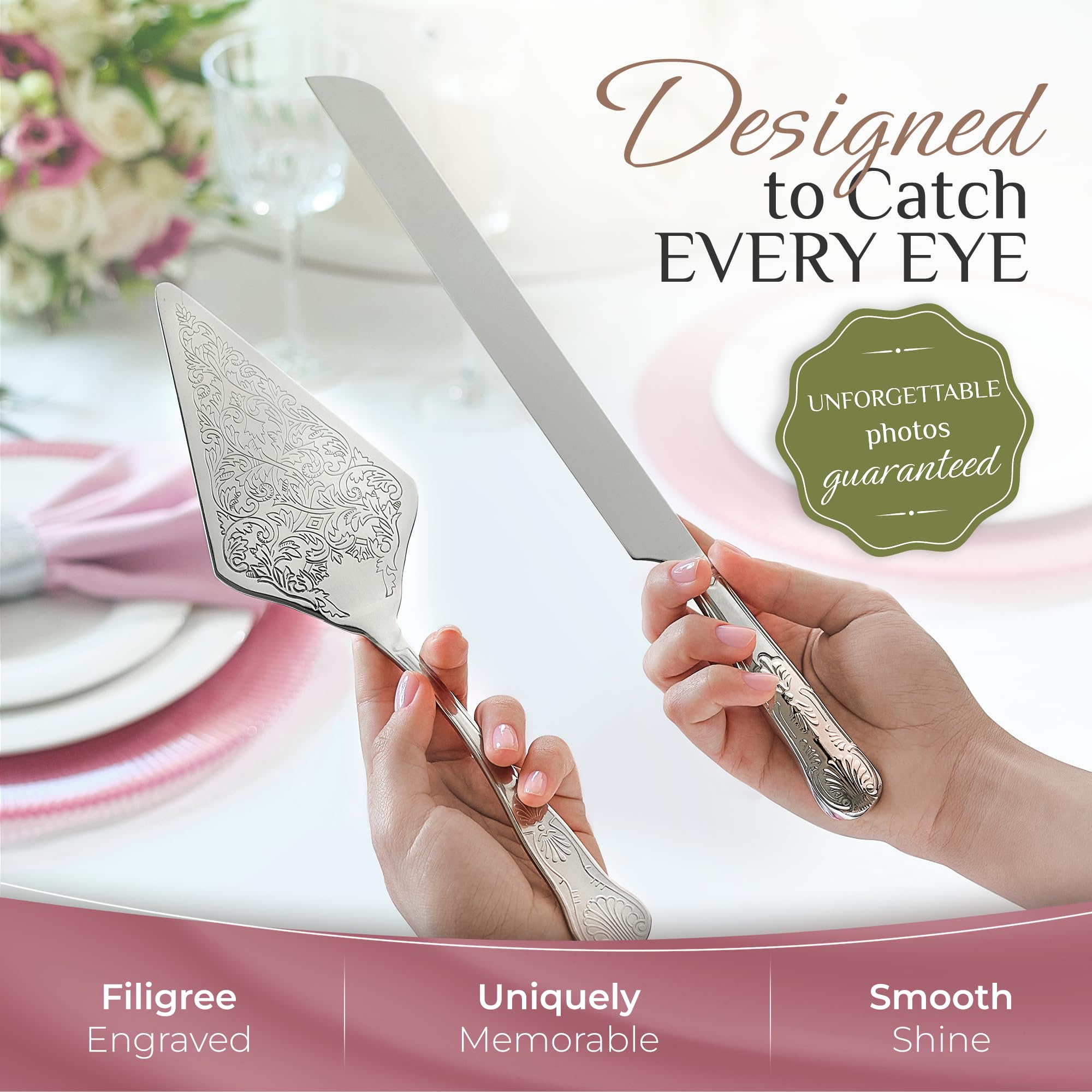 Orblue wedding cake server closeup highlights sturdy one-piece construction.