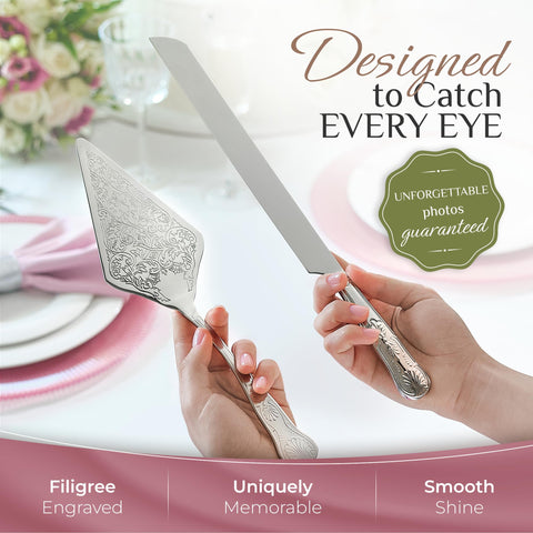 Orblue wedding cake server closeup highlights sturdy one-piece construction.