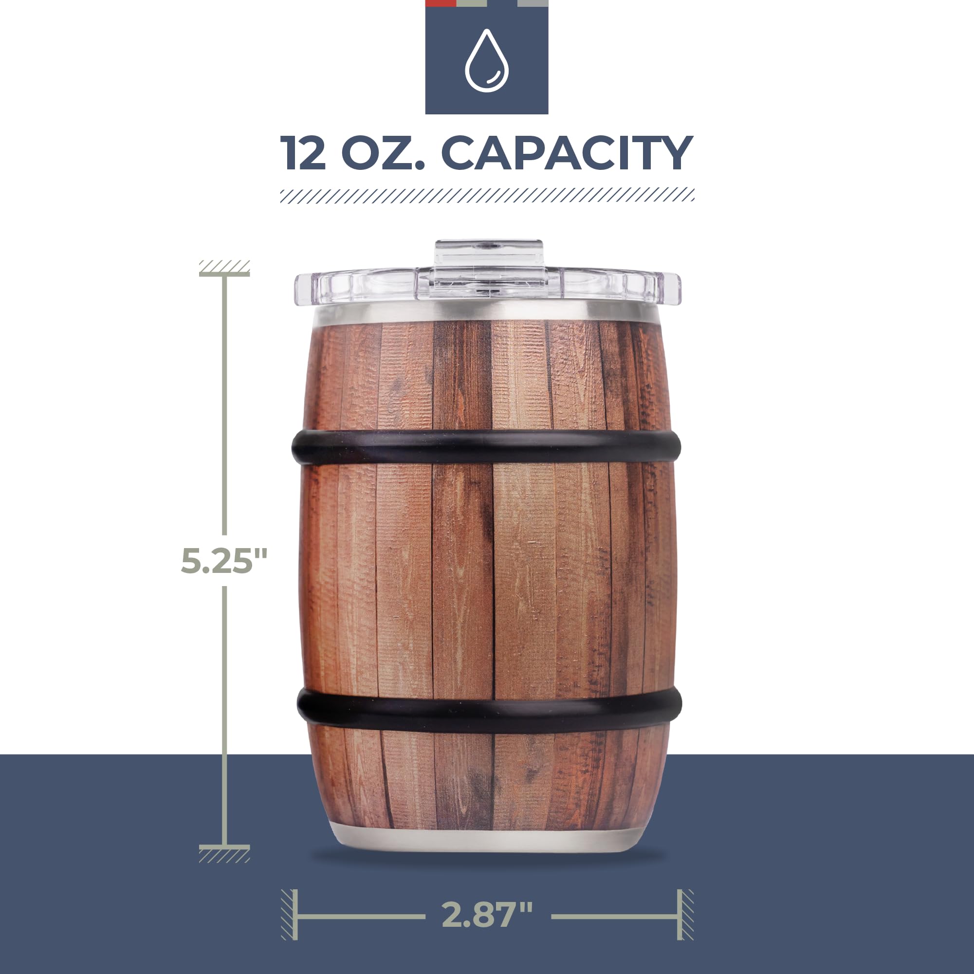 ORCA Barrel 12oz spill-proof lid keeps beverages secure during travel.