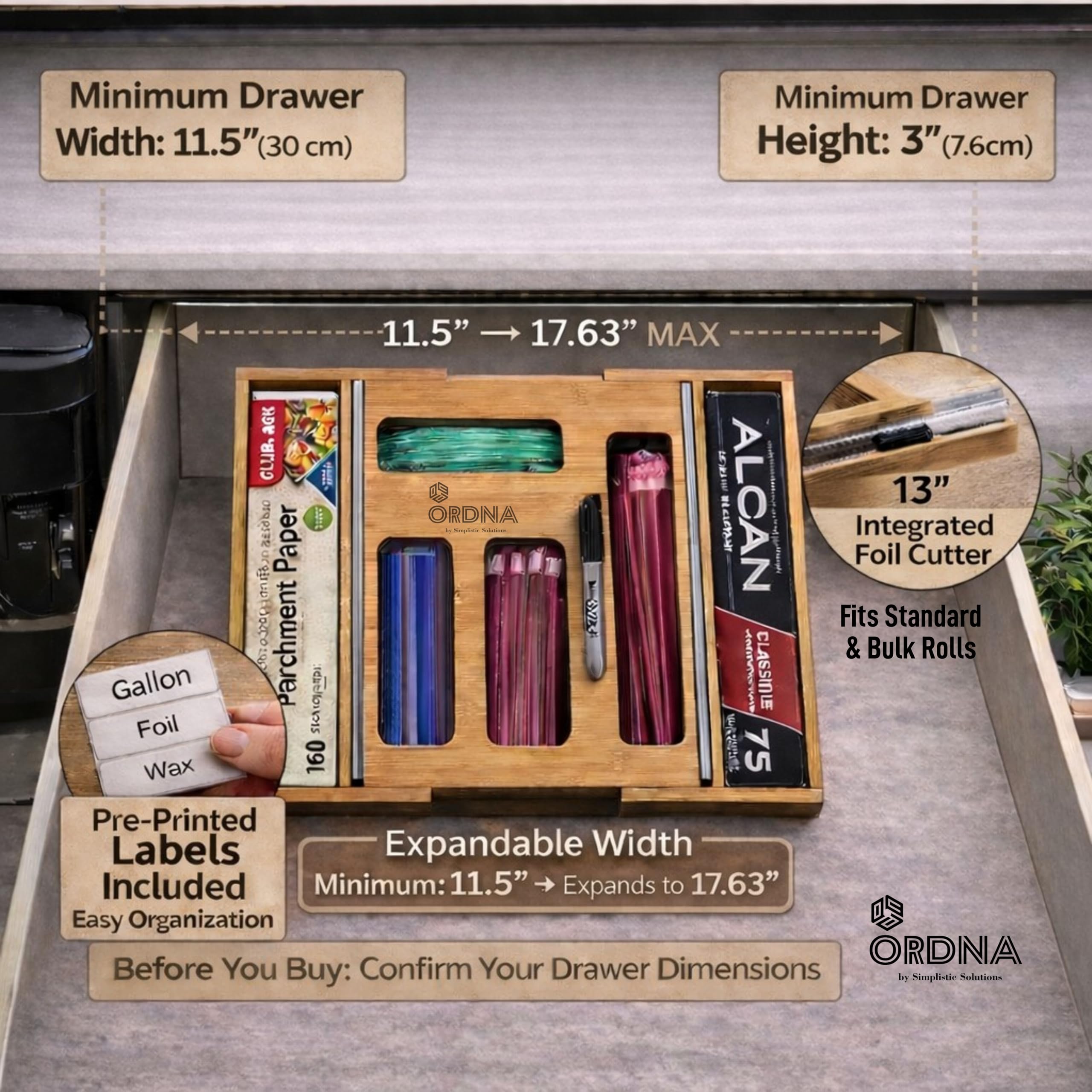 Ordna organizer with built-in cutter for easy foil and wrap access.