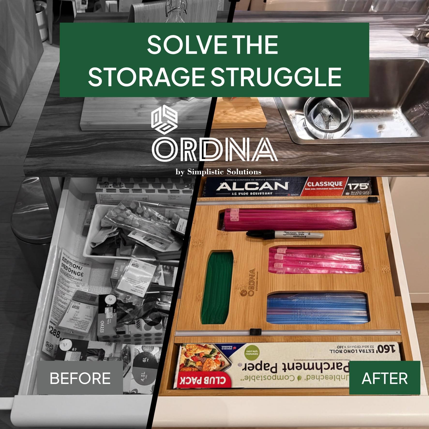 Ordna fits snack to gallon bags for versatile kitchen organization.