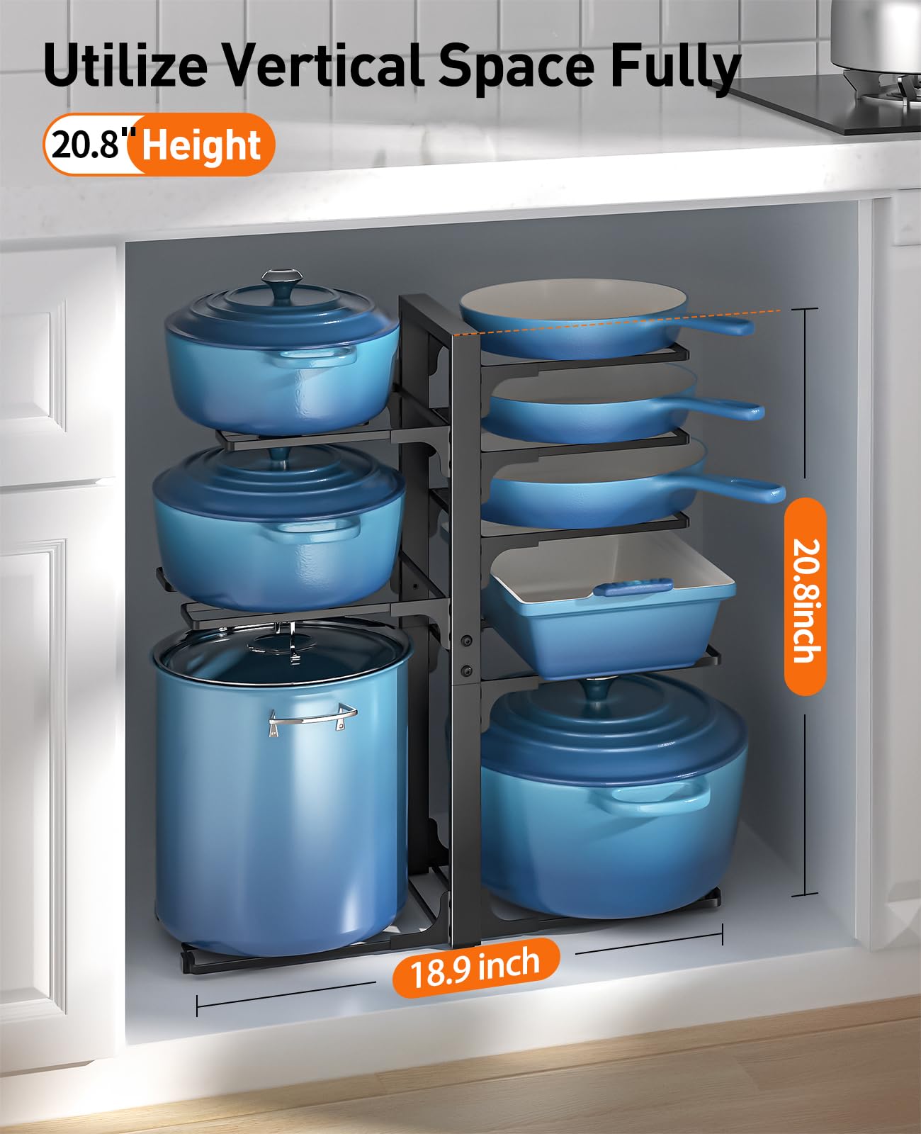 Sturdy base and eagle-prong supports keep heavy pots stable on ORDORA rack.