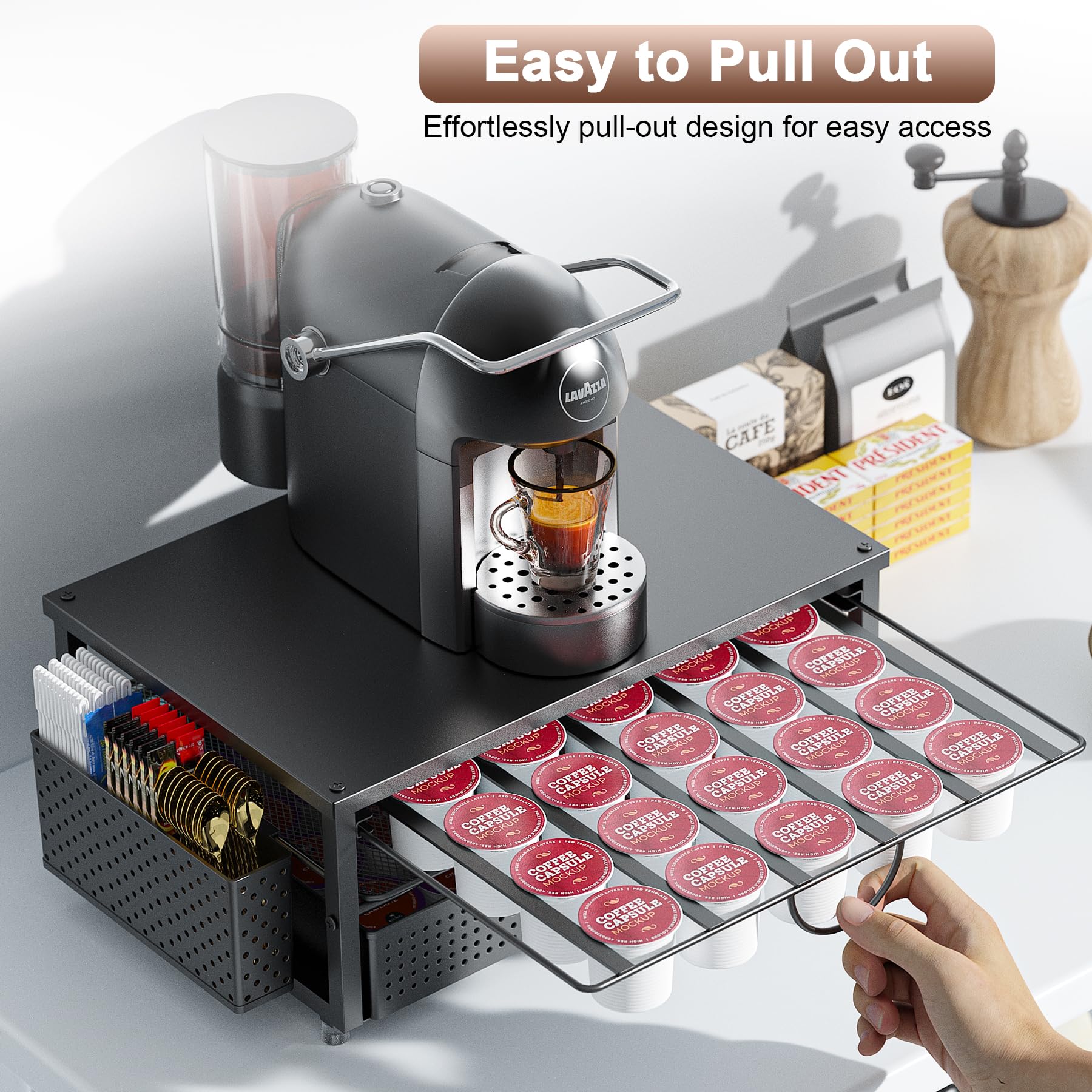 ORDROLL K Cup Holder bottom drawer stores capsules neatly.