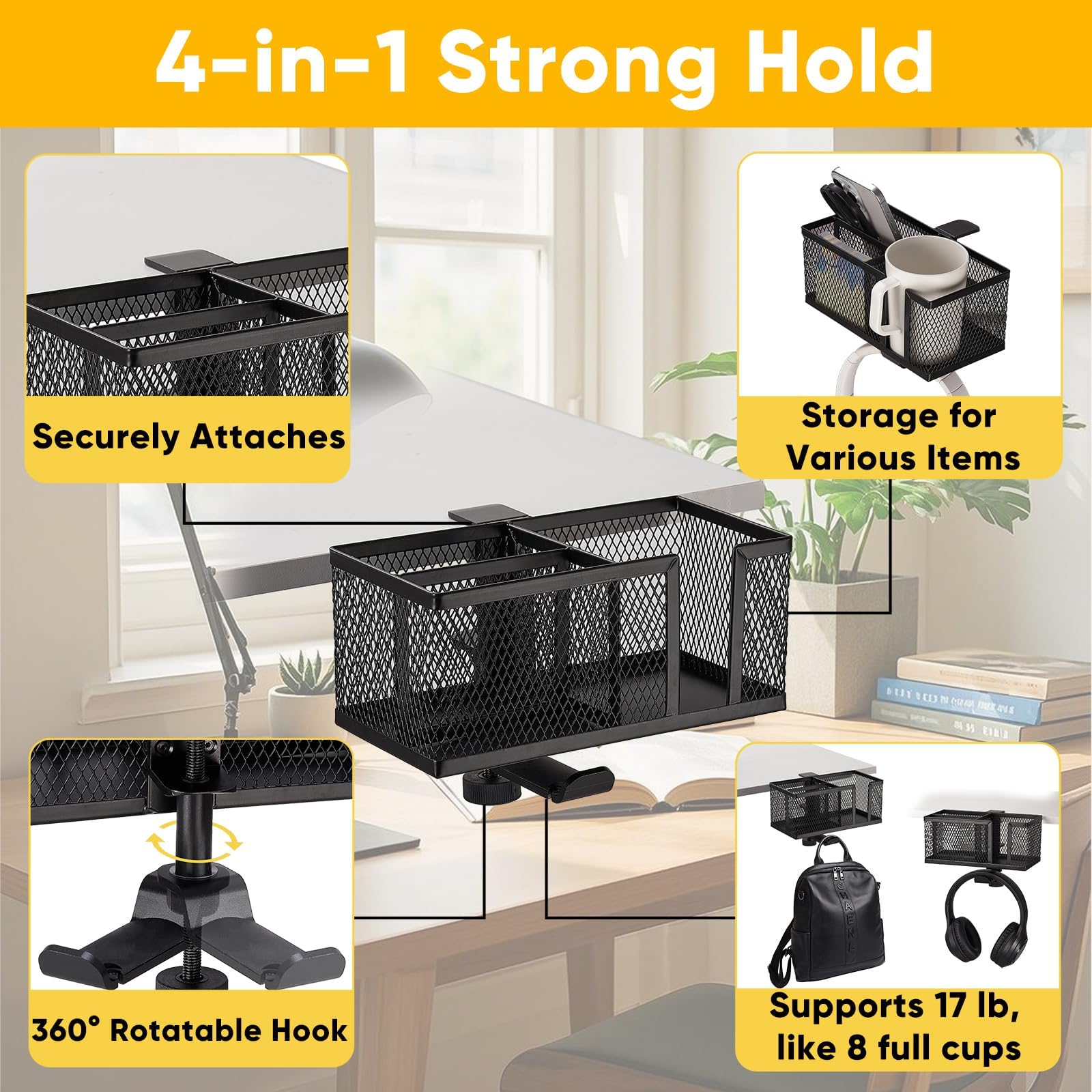 OrgaFocus under-desk cup holder with sturdy clamp supporting spills-free sipping