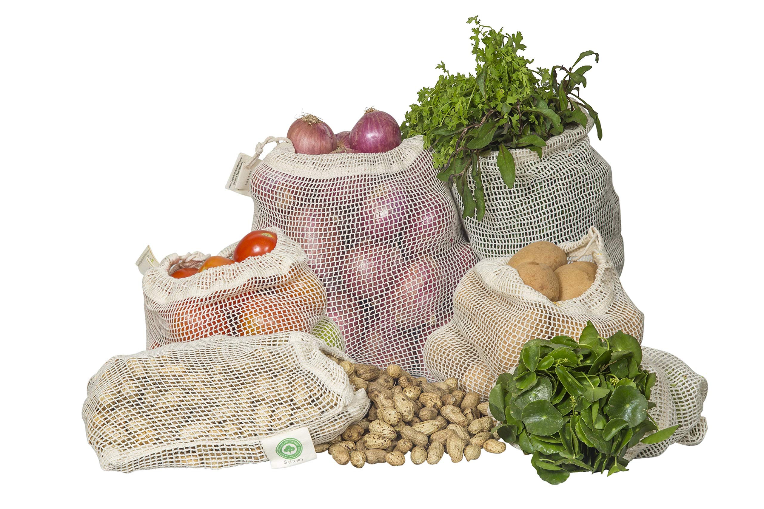 Organic Cotton Mart large mesh bag with drawstring for easy grocery shopping.