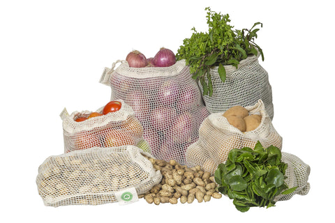 Organic Cotton Mart large mesh bag with drawstring for easy grocery shopping.