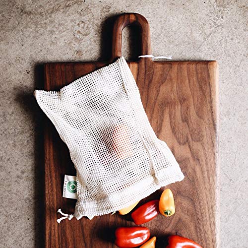Organic Cotton Mart large mesh bag close-up shows durable double stitching.