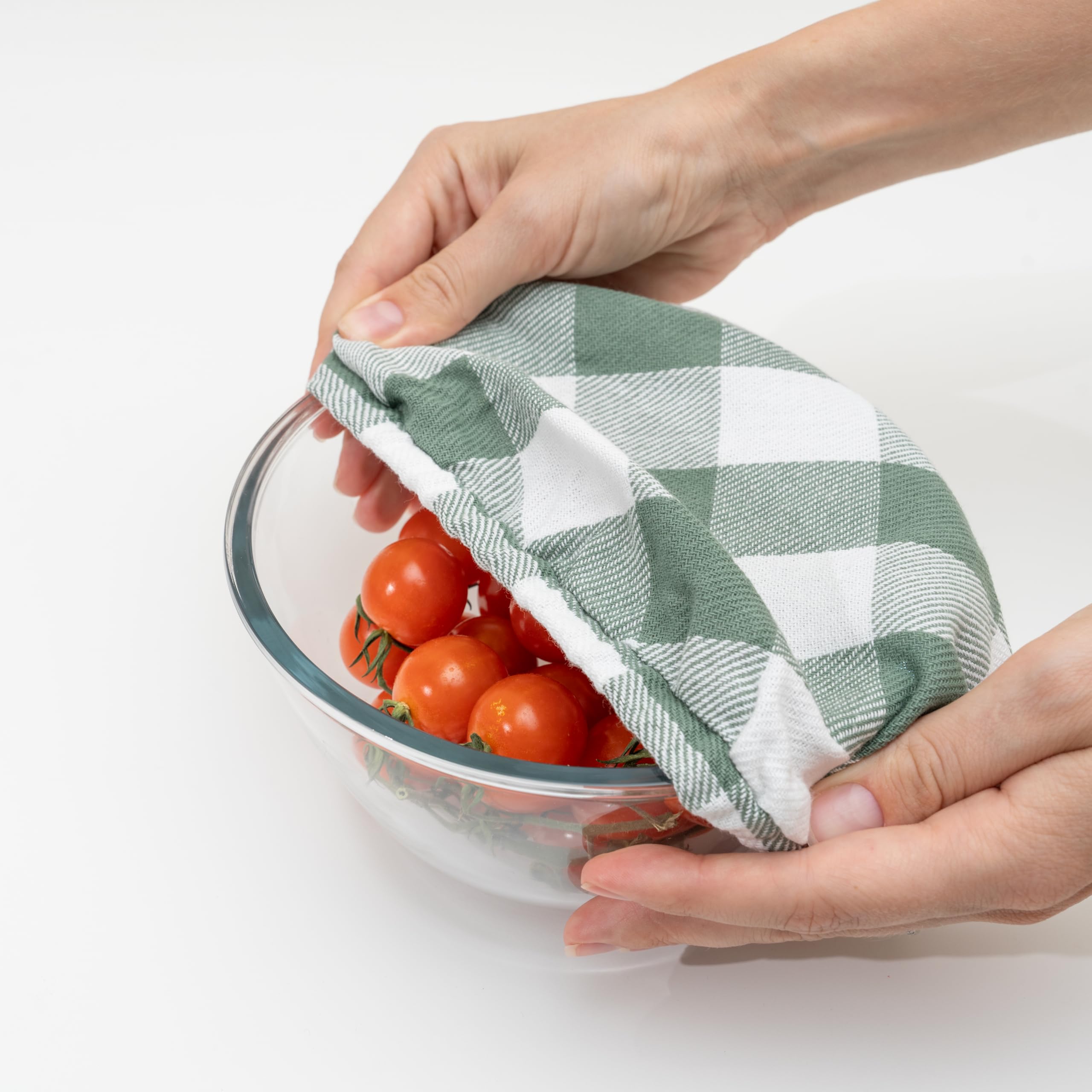 Organic Cotton Mart reusable cover complements kitchen decor with stylish sage plaid design.
