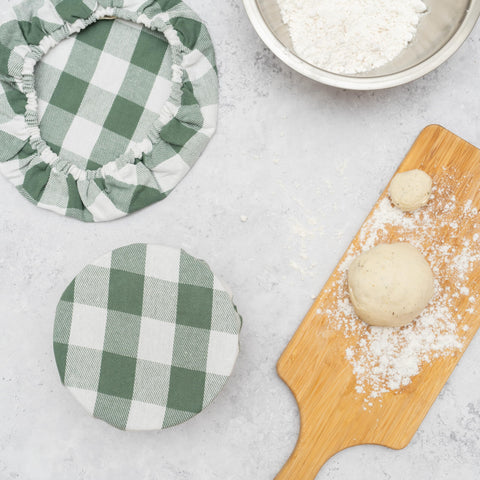 Organic Cotton Mart sage-green plaid cover adds reusable, plastic-free storage to the kitchen.