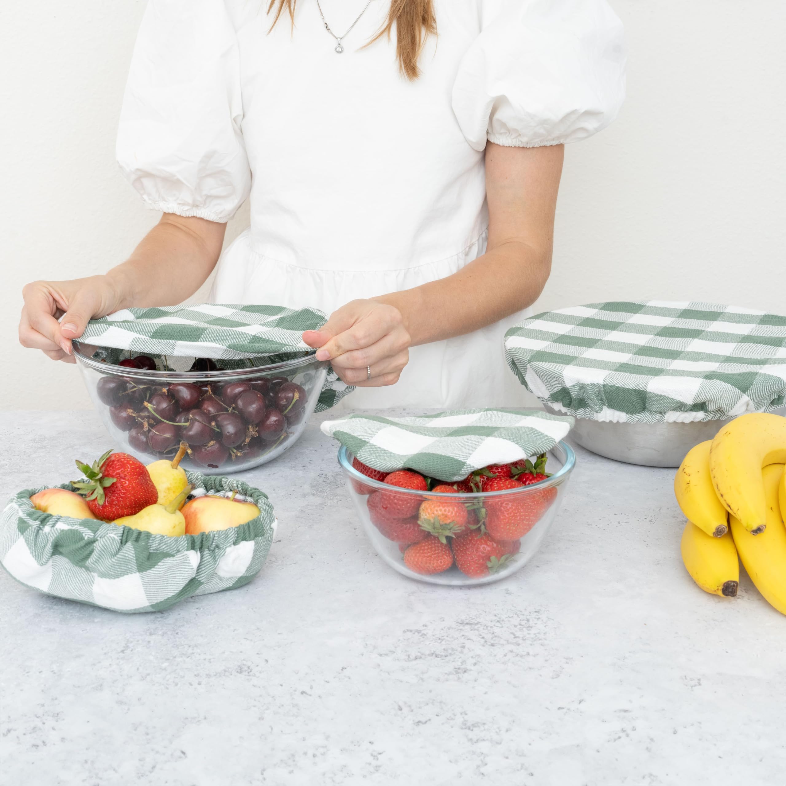 Organic Cotton Mart sage-green salad cover breathes, reducing moisture during gatherings.