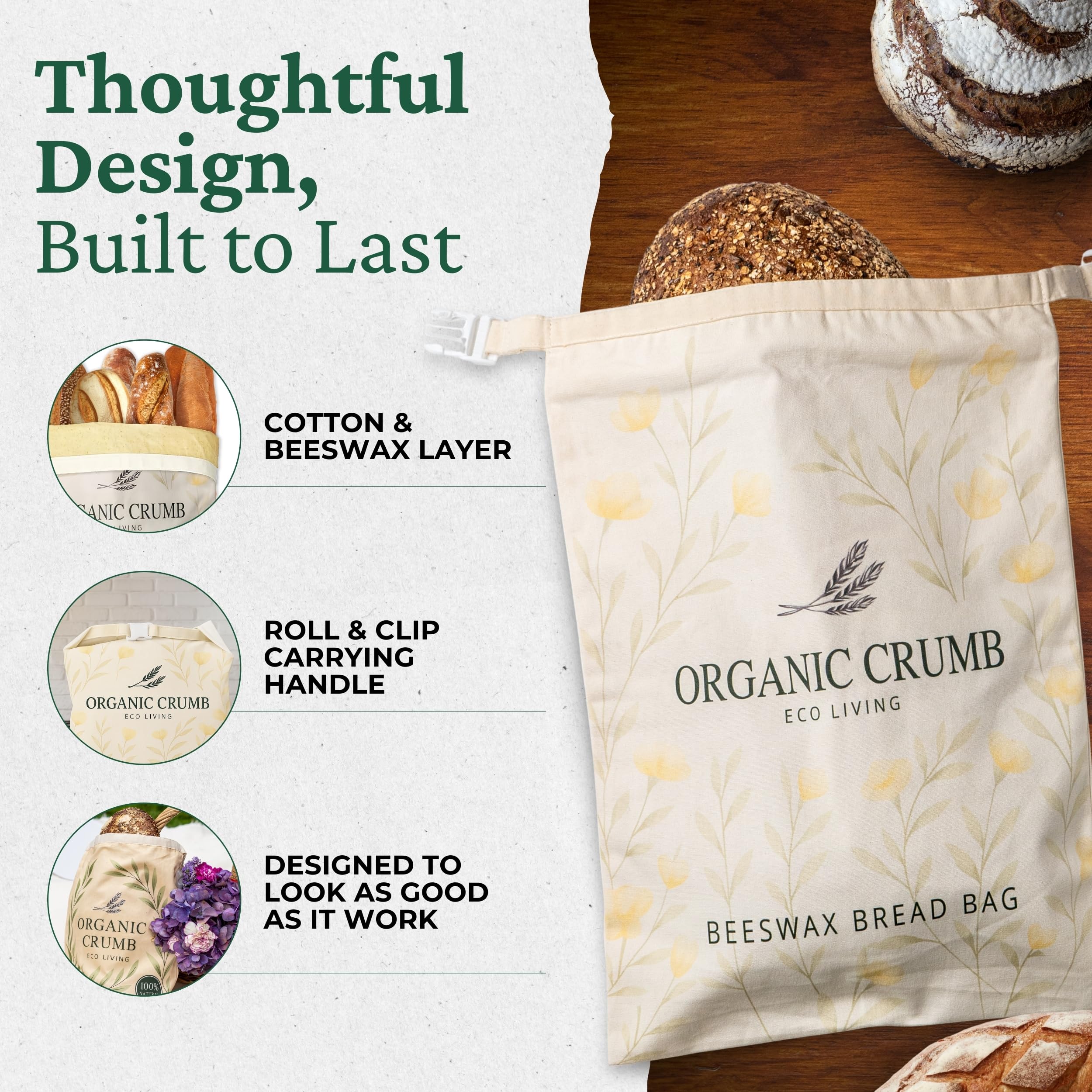 Organic Crumb sourdough bag on counter preserves crust and interior.