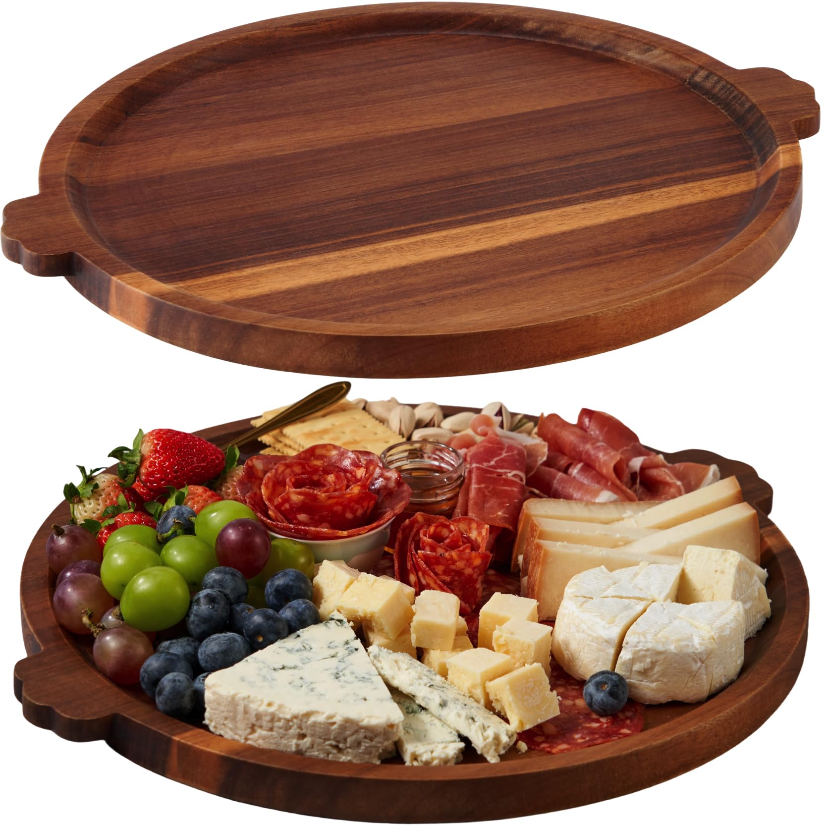 OrganicVilo Charcuterie Board, round Acacia wood tray with handles for easy serving.