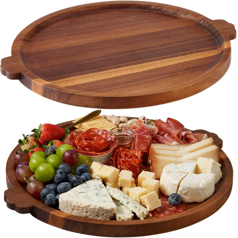 OrganicVilo Charcuterie Board, round Acacia wood tray with handles for easy serving.