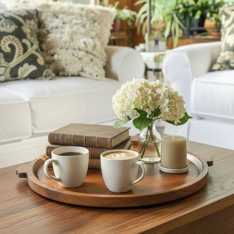 OrganicVilo elegant round tray with raised rim for secure serving.
