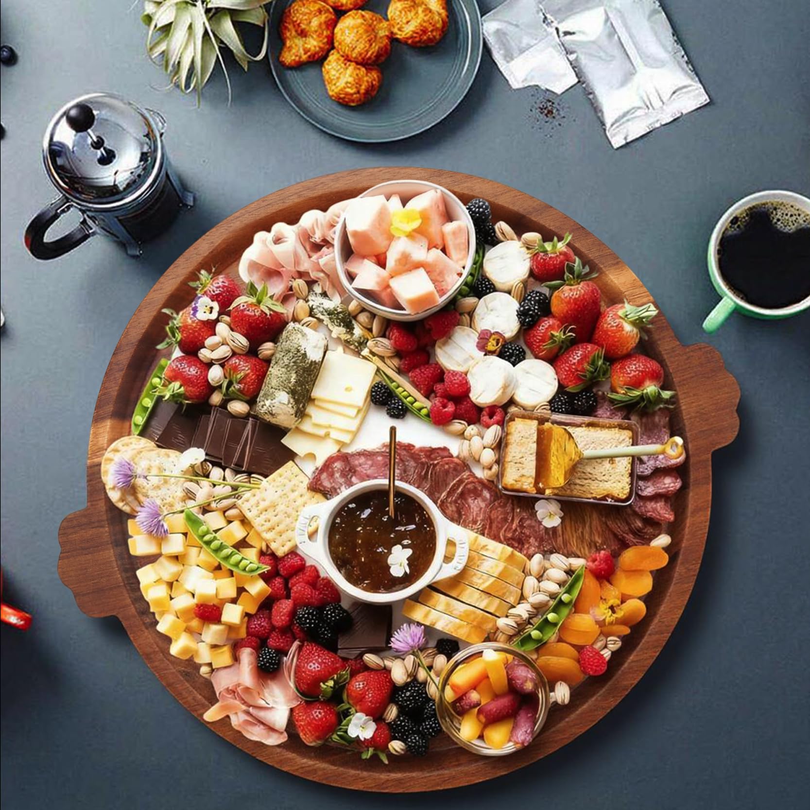 OrganicVilo round wood serving platter with elegant rim for display.