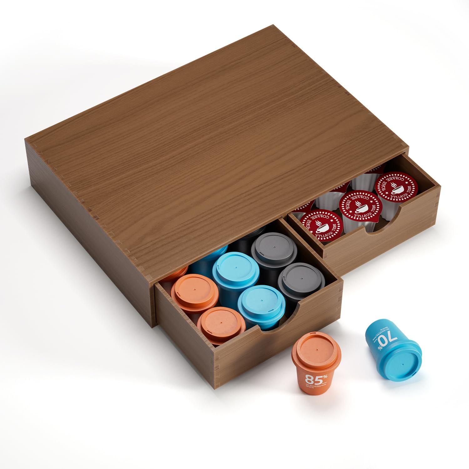 ORGMASTER countertop display and storage unit adds warmth to any coffee station.