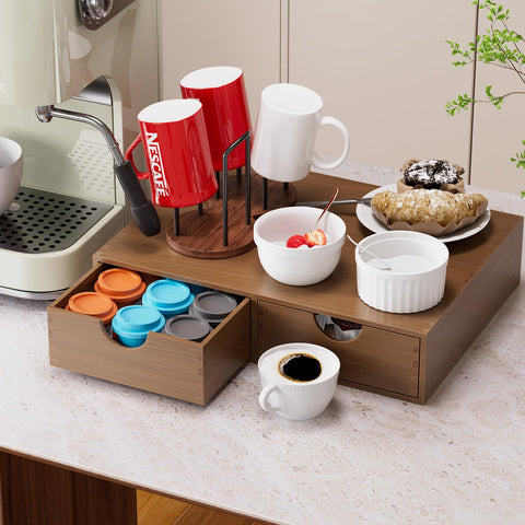 ORGMASTER K Cup Holder drawer open shows space for regular and decaf pods.