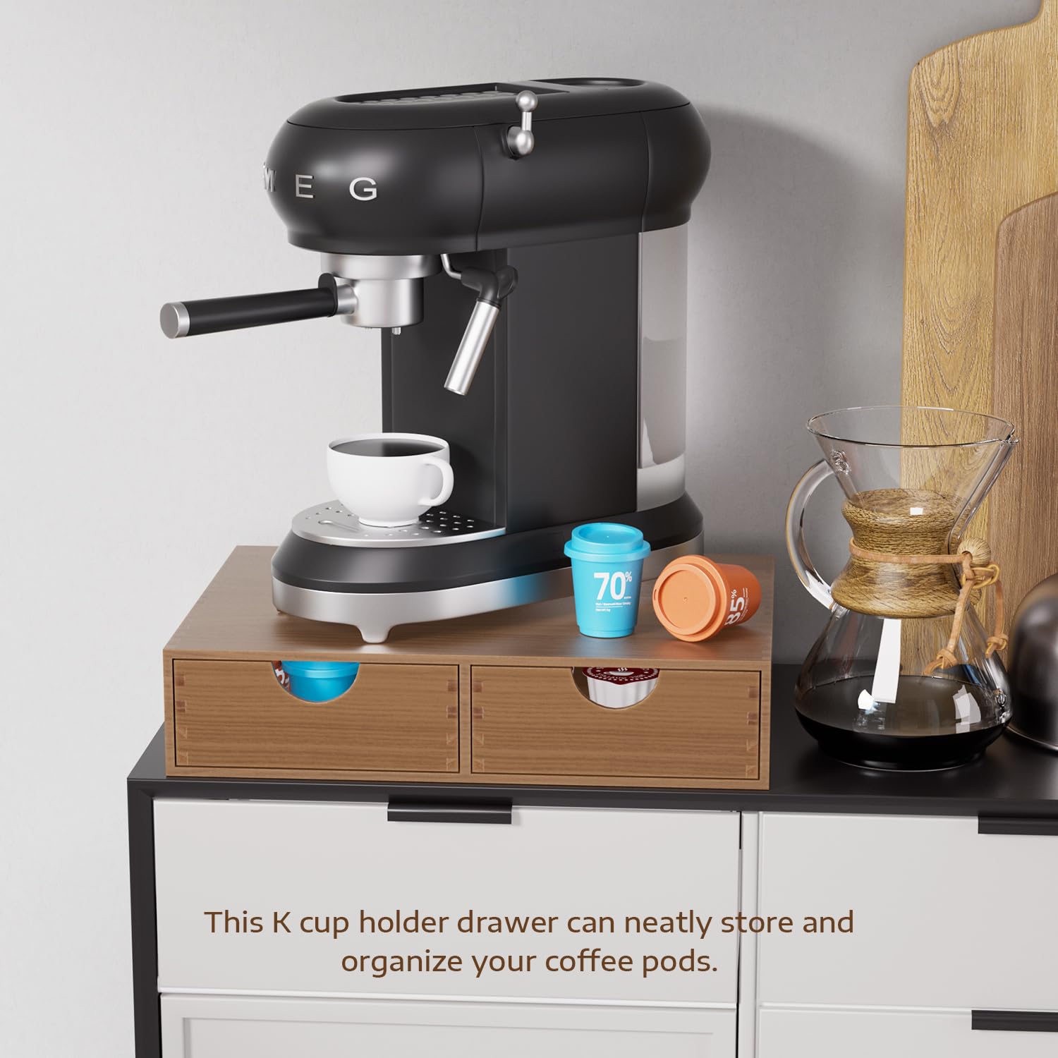 ORGMASTER organizer stores tea bags and sugar packets alongside coffee pods.