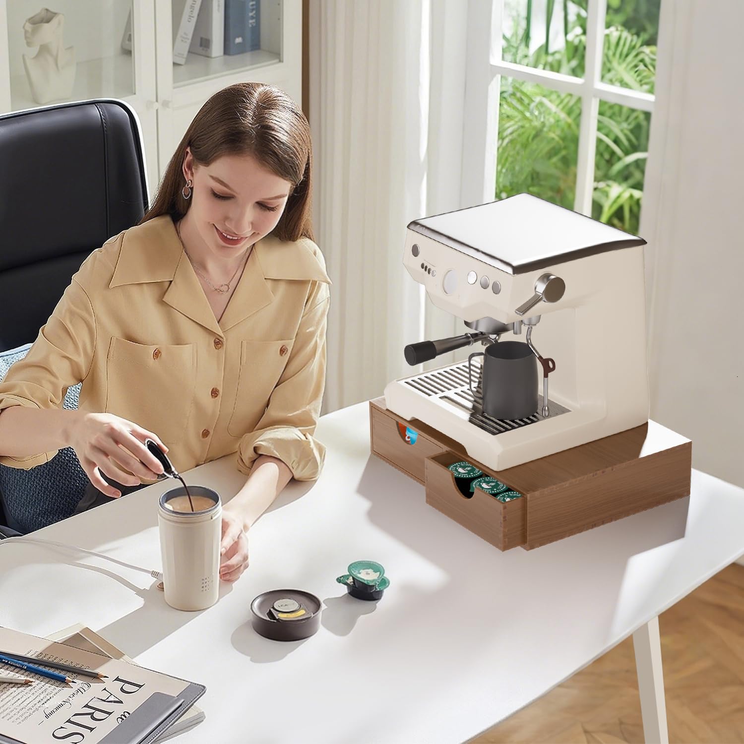 ORGMASTER wooden stand pairs with compact espresso machines for a tidy setup.