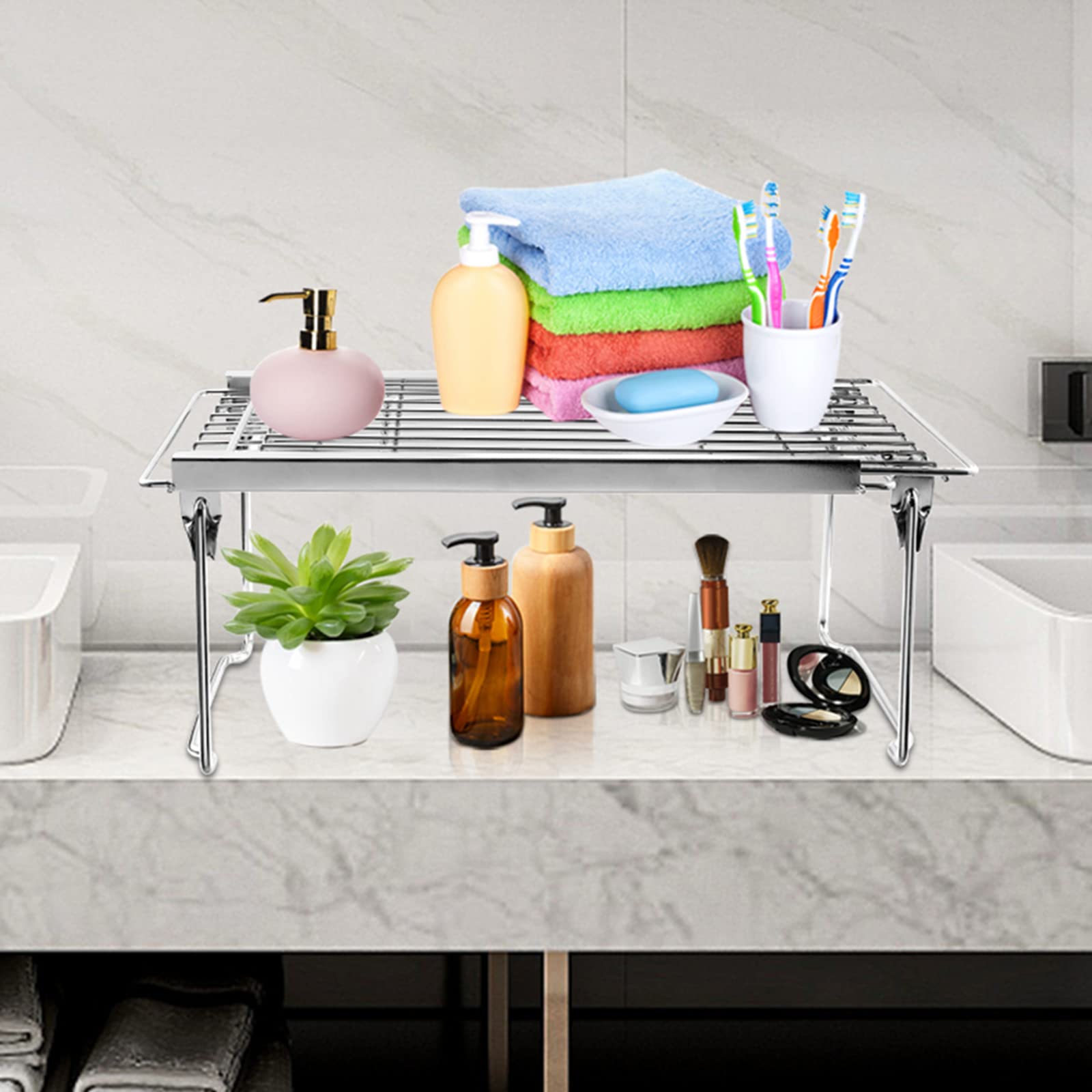 Orgneas expandable shelf fit over cabinet edge for extra space.
