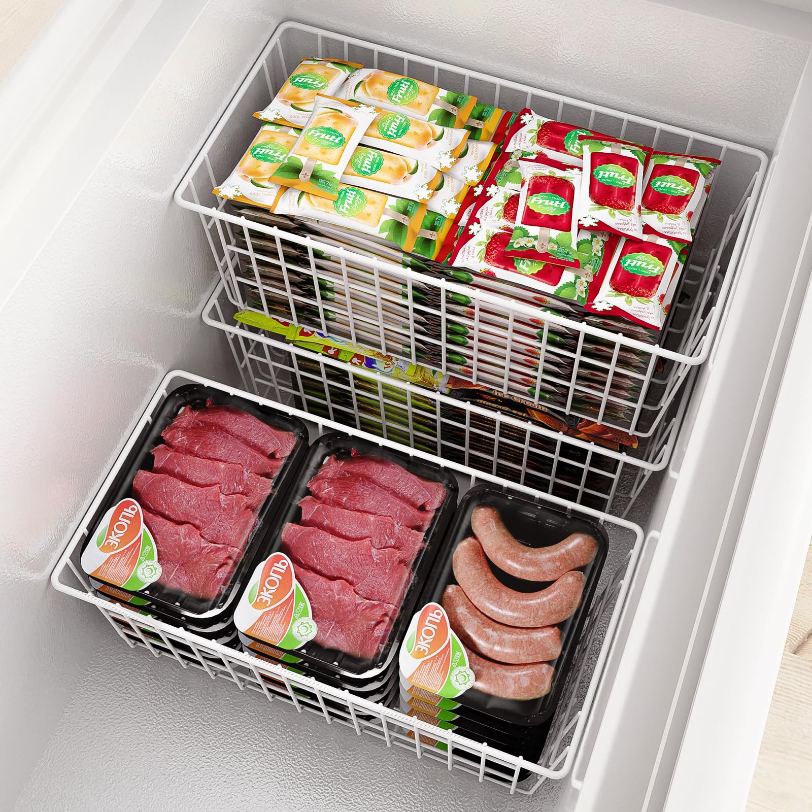 Orgneas freezer bins on shelf demonstrates space optimization.