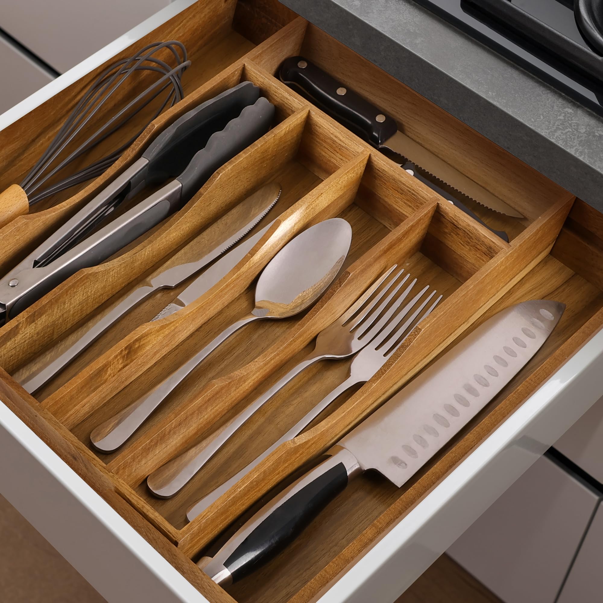 Oridom drawer organizer holding large utensils with easy reach.