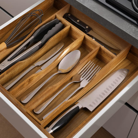 Oridom drawer organizer holding large utensils with easy reach.