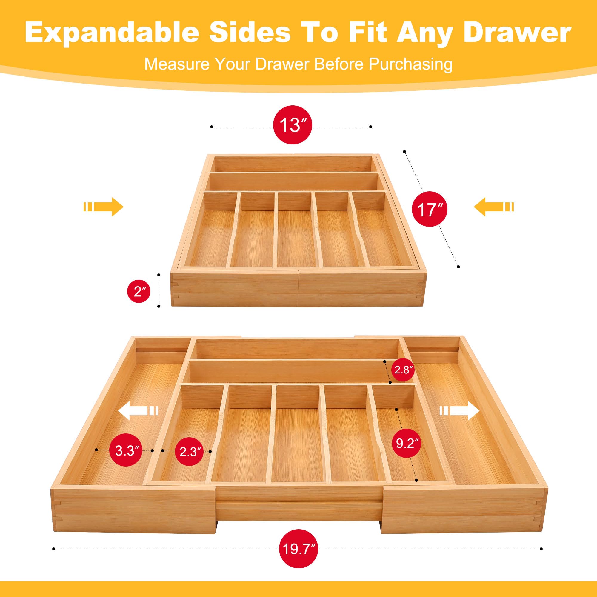 Oridom bamboo drawer organizer dividers 7-9 slots help separate cutlery and tools.