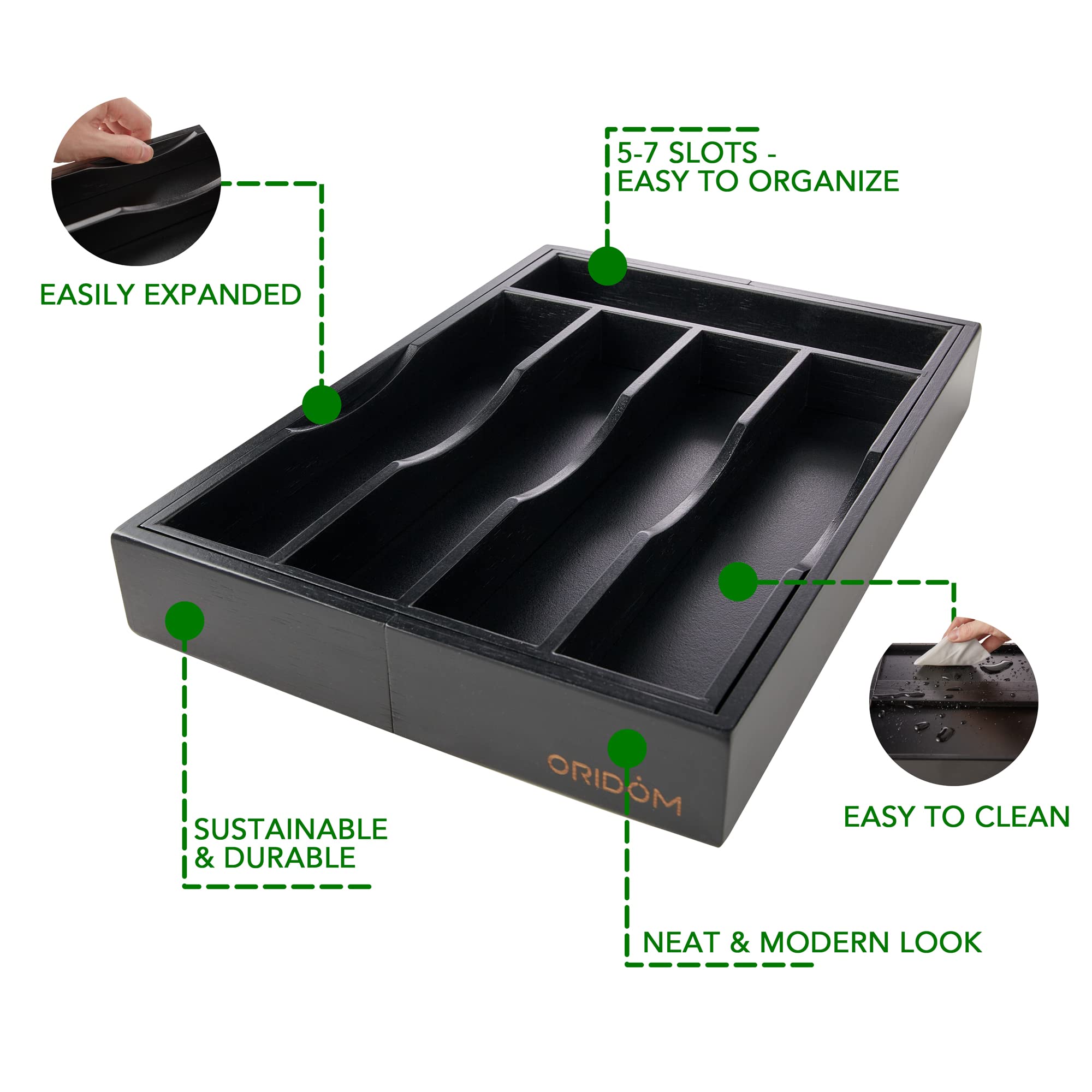 Oridom bamboo drawer organizer installed inside a drawer for easy tool access.