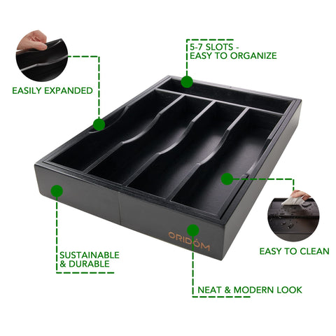 Oridom bamboo drawer organizer installed inside a drawer for easy tool access.