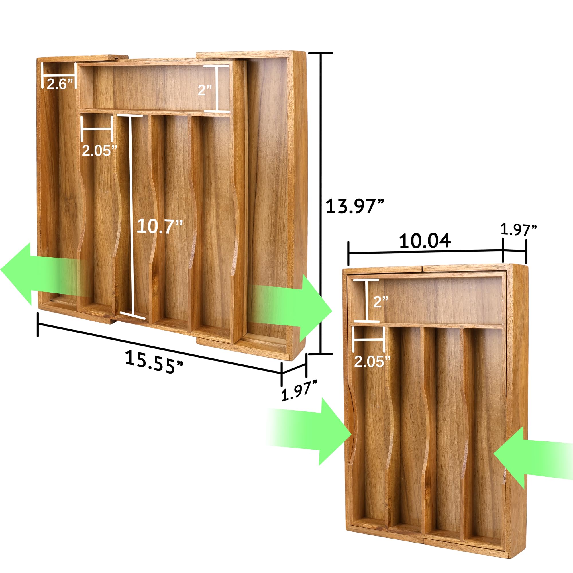 Oridom adjustable compartments in acacia tray maximize space for flatware.