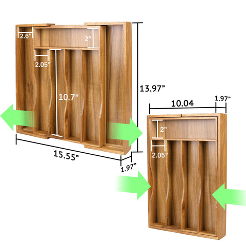 Oridom adjustable compartments in acacia tray maximize space for flatware.
