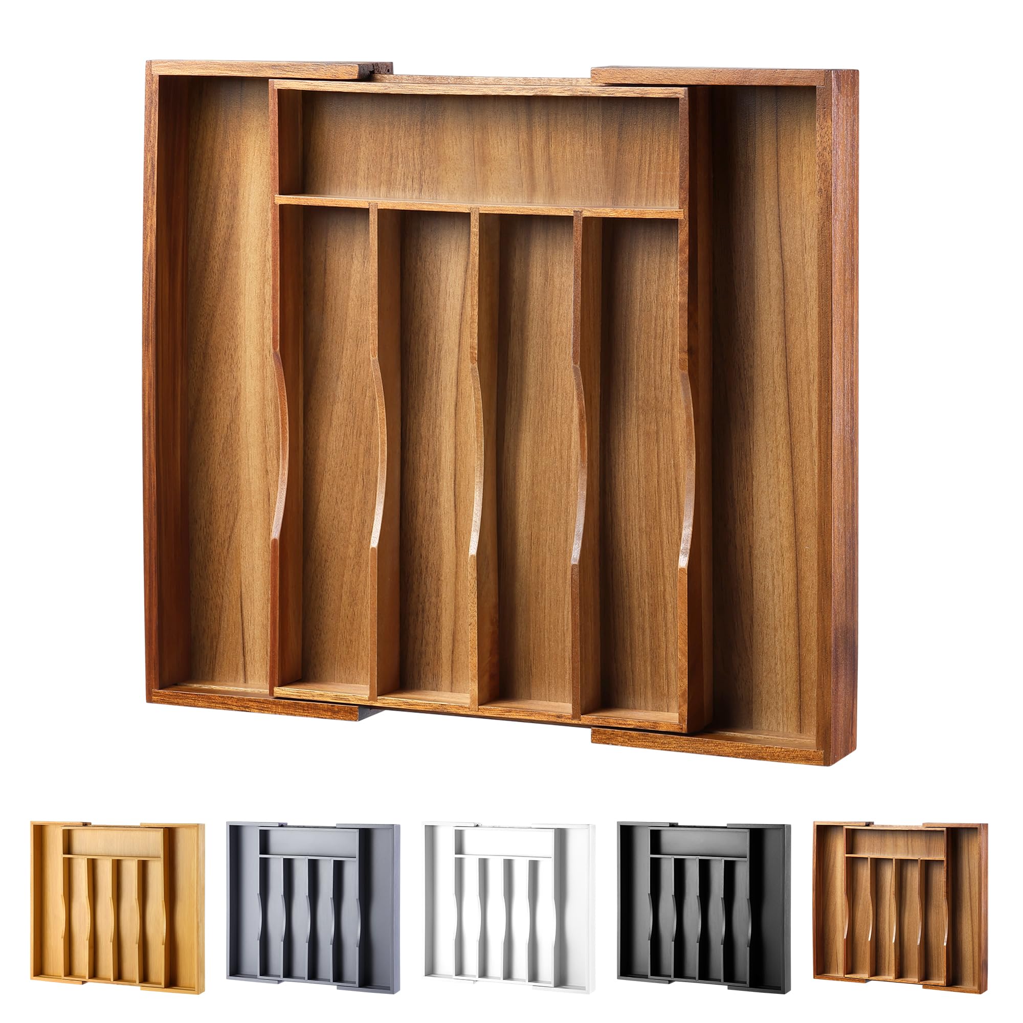 Oridom expandable acacia drawer organizer inside the drawer for easy access.