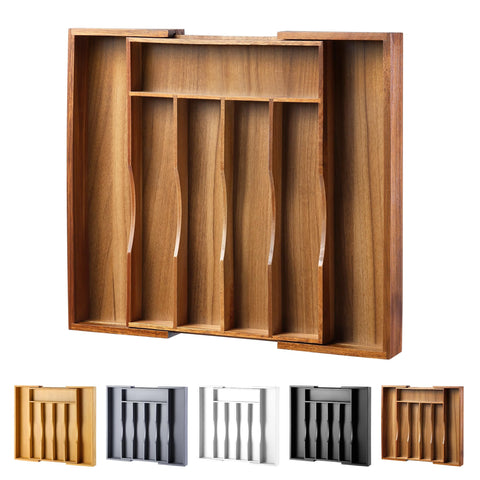 Oridom expandable acacia drawer organizer inside the drawer for easy access.