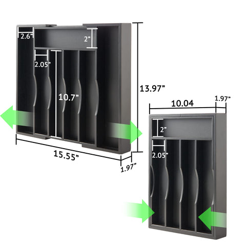 Oridom expandable organizer with five to seven compartments for forks, knives, spoons, and larger utensils.