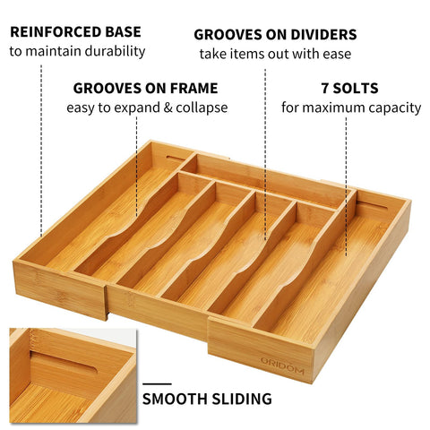 Oridom expandable bamboo drawer organizer adjustable width fits most drawers for flexible storage.